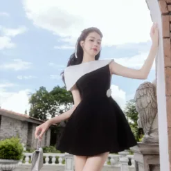 Pleated dress on both sides with flared skirt on top