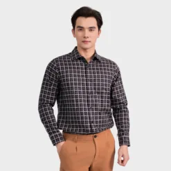 Aristino Business Black Brown Plaid Men's Shirt 1LS0580S3